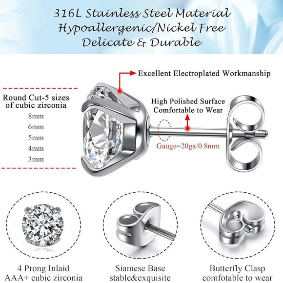 Hypoallergenic Stainless Steel Stud Earrings 5 Pairs CZ Round 3-8mm Jewelry - Picture 5 of 7